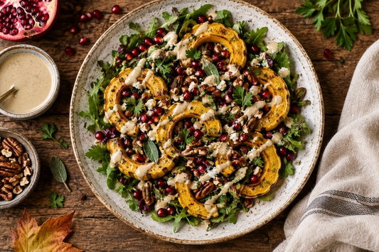 Roasted Delicata Squash & Pomegranate Salad with Maple-Tahini Drizzle
