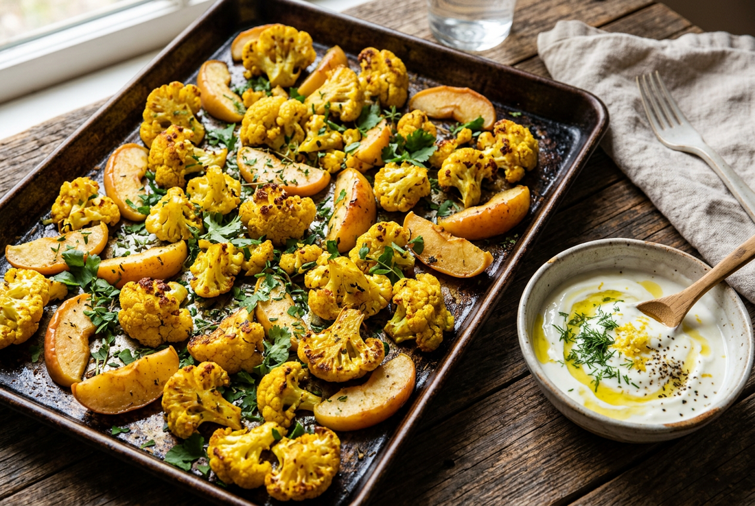 Sheet-Pan Turmeric Cauliflower & Apples with Lemon Yogurt